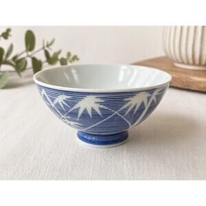 Vintage Japan Blue White Porcelain Rice Bowl Geometric Bamboo Pattern